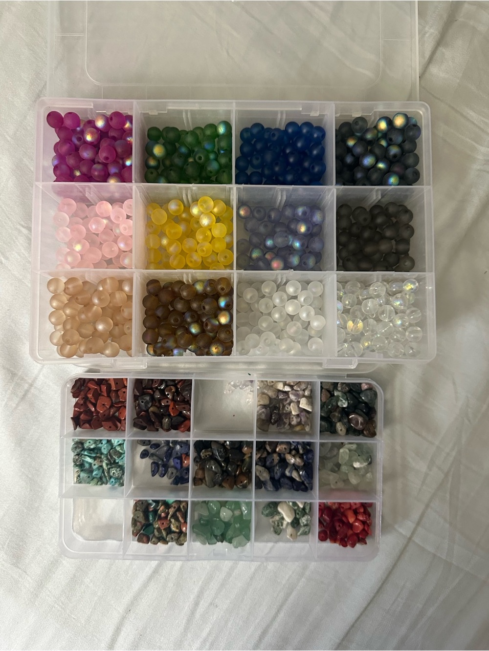 Natural Gemstone Chip Beads & Frosted Iridescent Glass Round Beads w/ Organizers
